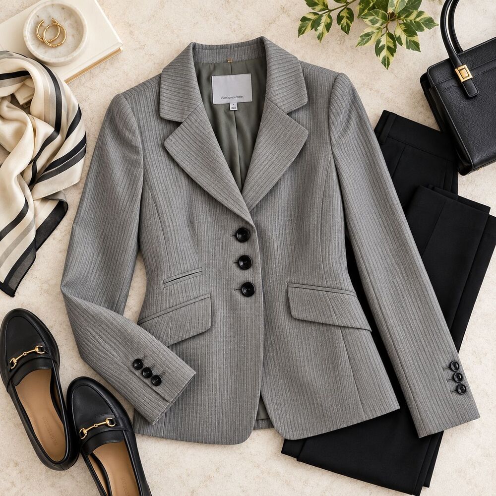 Classiques Entier Womens Sz 4 Gray Pinstripe 3 Button Tailored Blazer Wool Blend